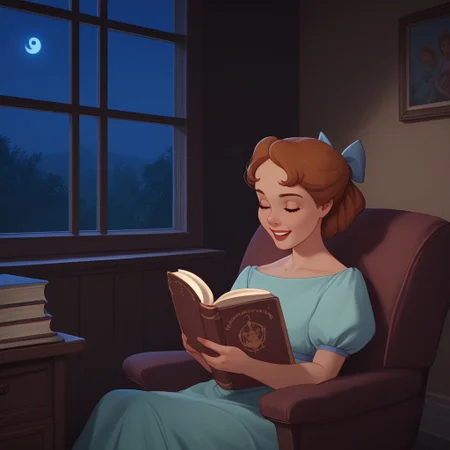 score_9, score_8_up, score_7_up, score_6_up, score_5_up, score_4_up, 1girl, wen_dy, reading a book, sitting on a chair, window, at night, happy