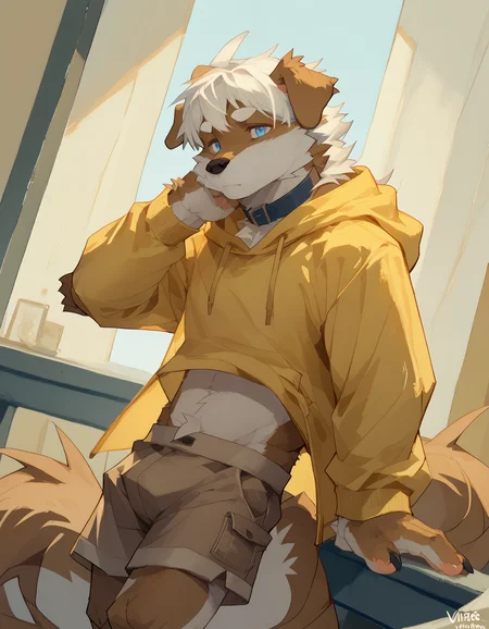 score_9, score_8_up, score_7_up, rating_safe, detailed, <lora:add-detail-xl:2.5>, anthro, furry, dutch angle, high quality, hires, detailed background, embedding:easynegative, pose, score_9, score_8_up, score_7_up, rating_safe, detailed, <lora:add-detail-xl:2.5>, anthro, furry, dutch angle, high quality, hires, detailed background, embedding:easynegative, pose, <lora:Viosgit_style.safetensors:1.4>, (by viosgit:1.2), <lora:Michi_OC.safetensors:1.0>, (male, male focus:1.15), (Michi:1.15), d0g, White hair, blue eyes, white muzzle, yellow hoodie, brown shorts, floppy ears, white eyebrows, tail, brown body, solo, upper body