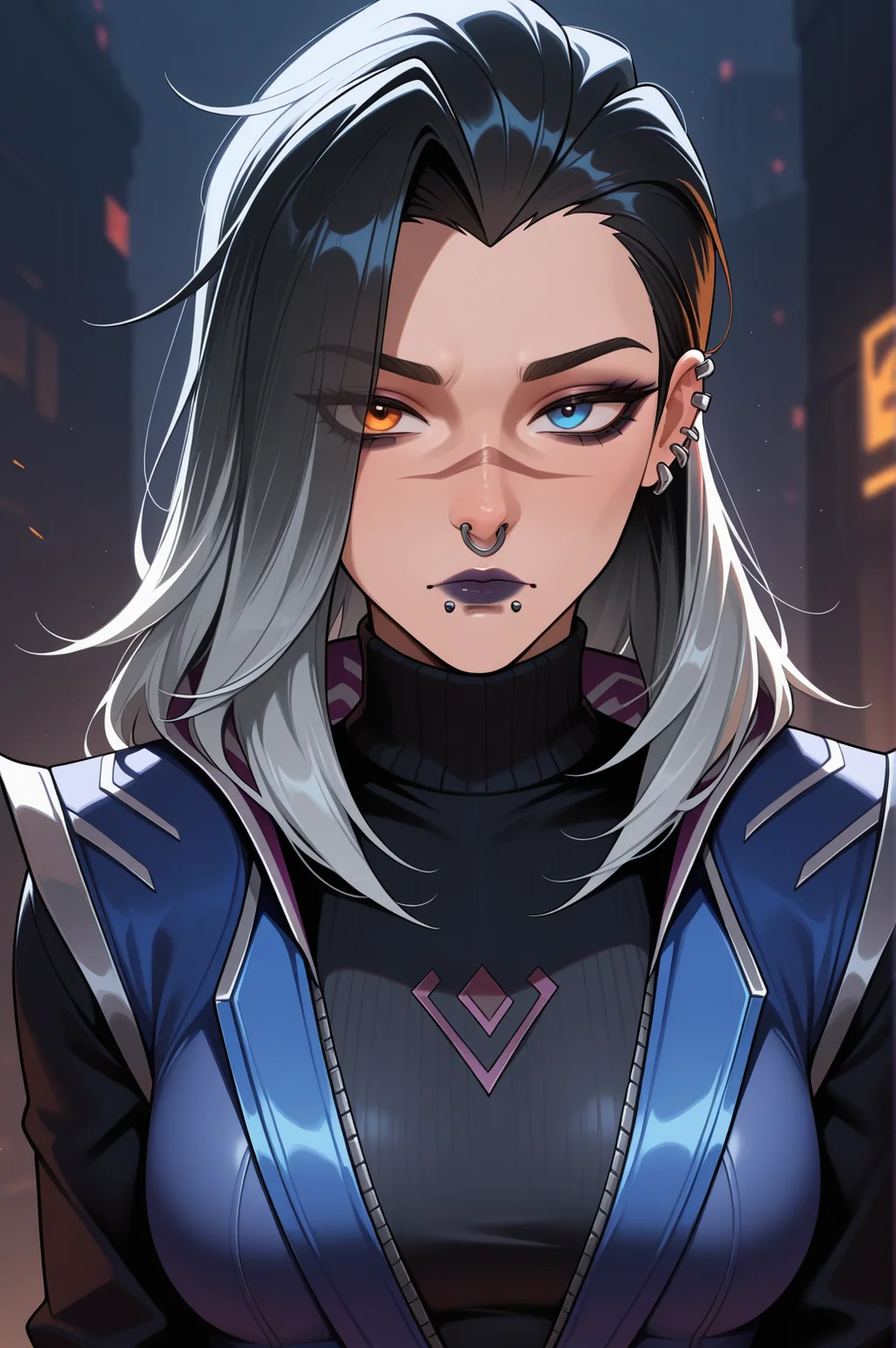 masterpiece, best quality, amazing quality, very aesthetic, absurdres, newest, , <lora:fade_valorant_il_v3:0.7> fade_valorant, blue eyes, piercing, black hair, multicolored hair, lip piercing, heterochromia, orange eyes, nose piercing, makeup, long hair, two-tone hair, grey hair, medium breasts, black sweater,
jacket, black jacket, blue jacket,