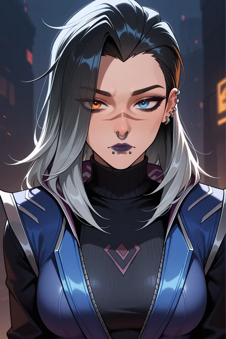 masterpiece, best quality, amazing quality, very aesthetic, absurdres, newest, , <lora:fade_valorant_il_v3:0.7> fade_valorant, blue eyes, piercing, black hair, multicolored hair, lip piercing, heterochromia, orange eyes, nose piercing, makeup, long hair, two-tone hair, grey hair, medium breasts, black sweater,
jacket, black jacket, blue jacket,
