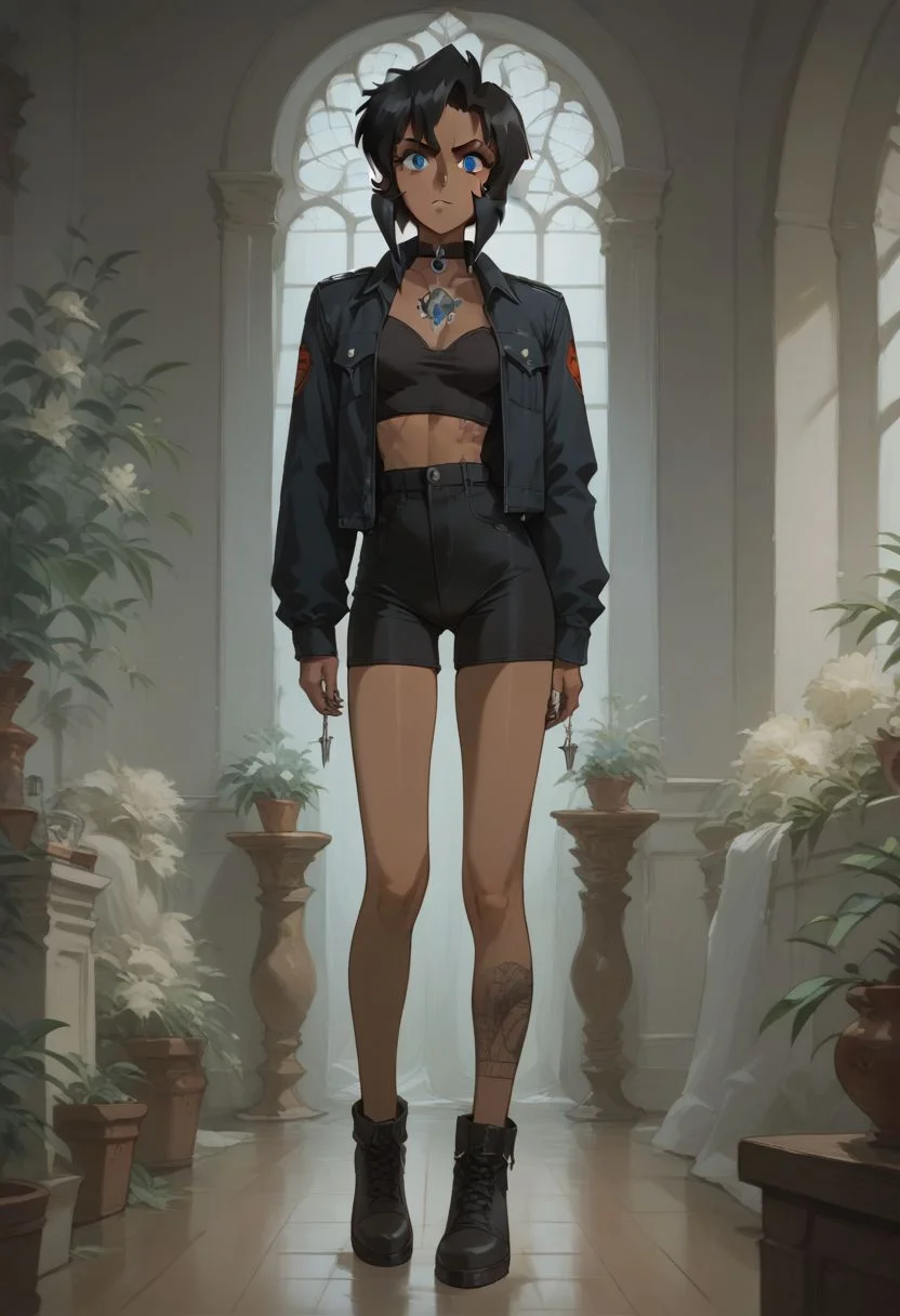 score_9, score_8_up, score_7_up, score_6_up
BREAK
gunsmith, rally vincent, black hair, dark-skinned female, short hair, blue eyes, goth