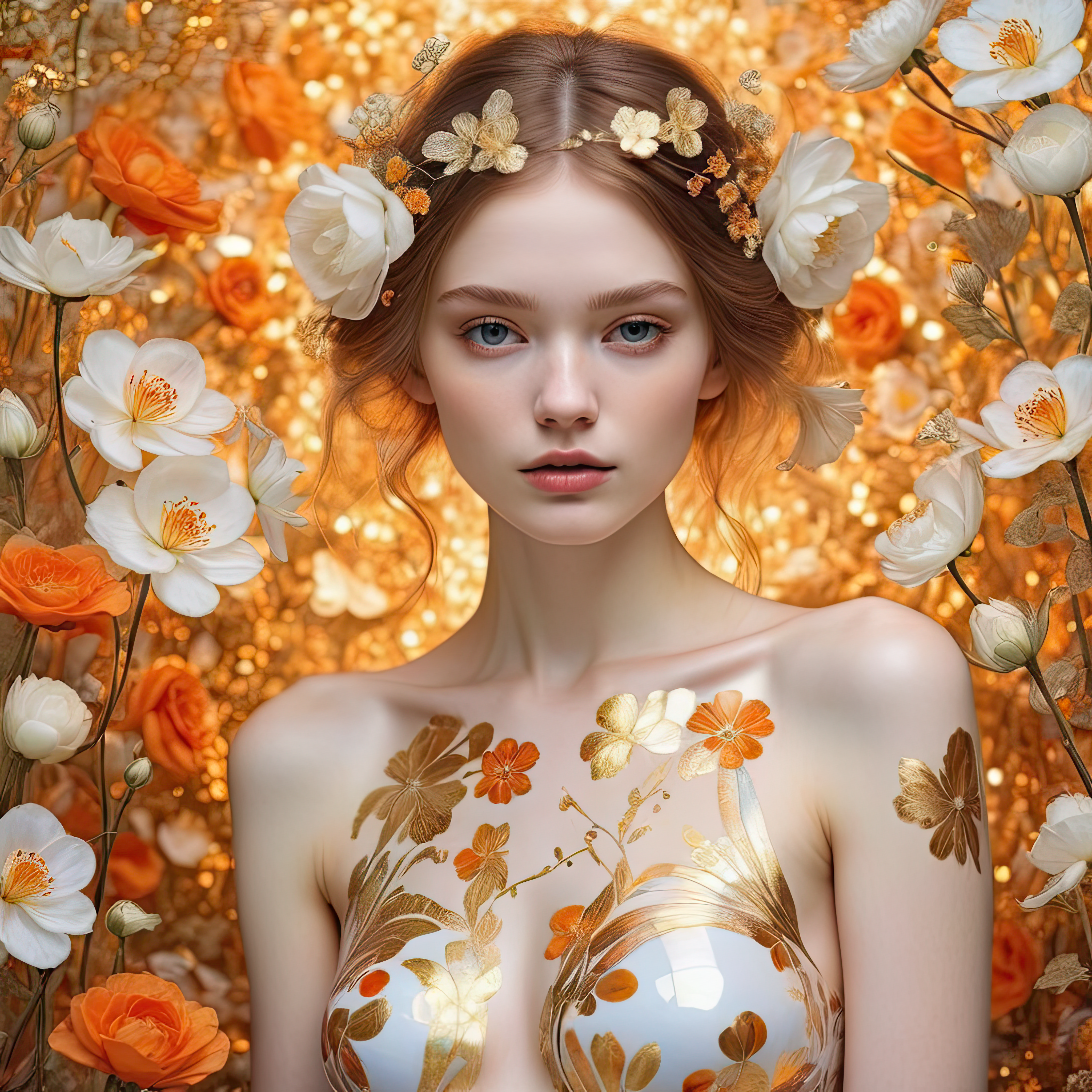 the beauty of the flowers all around you and holographic delicate golden light that gives life, colors in white, gold and orange, style by Klimt