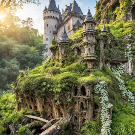 breathtaking epic fantasy castle fortress,  city architecture overcome with plants , overgrown moss, old wooden trunk texture, golden hour
 <lora:Overgrown-SDXL-b:1> . award-winning, professional, highly detailed