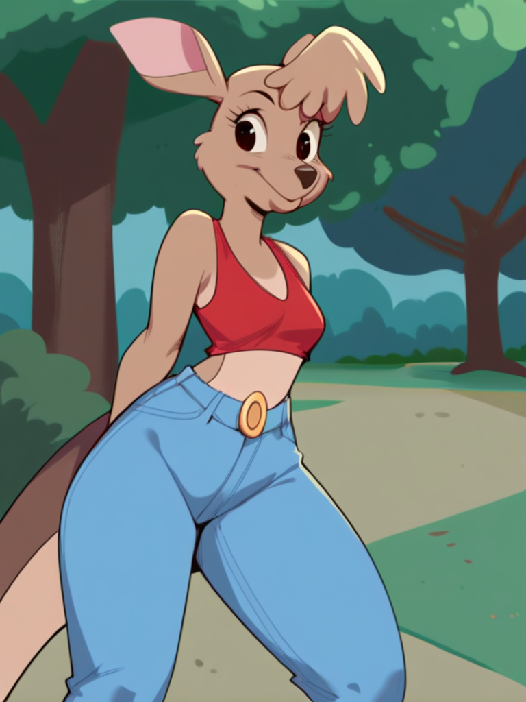 score_9, score_8_up, score_7_up, score_6_up, score_5_up, score_4_up, source_furry, Matilda_Roo, 1girl, solo, red crop top, midriff, jeans, park, tree, detailed eyes, detailed face, <lora:matilda_roo-v1:1>