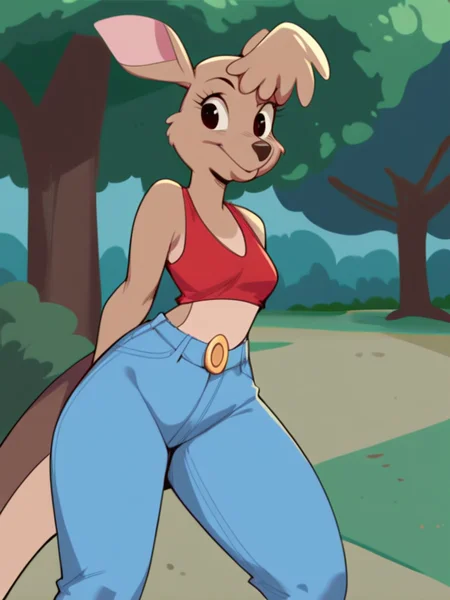 score_9, score_8_up, score_7_up, score_6_up, score_5_up, score_4_up, source_furry, Matilda_Roo, 1girl, solo, red crop top, midriff, jeans, park, tree, detailed eyes, detailed face, <lora:matilda_roo-v1:1>