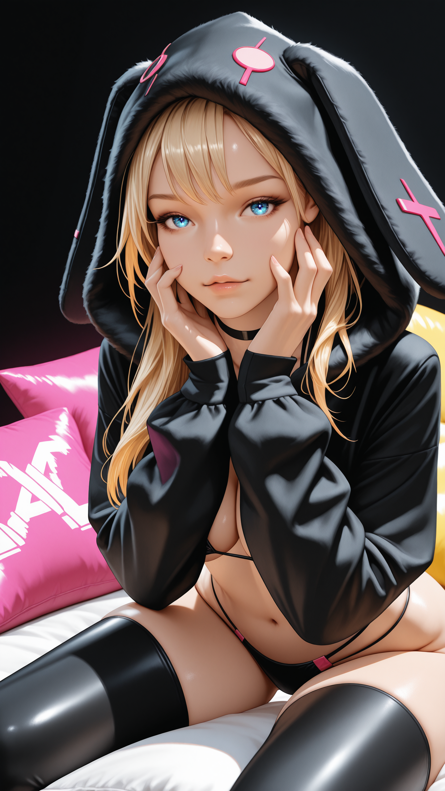 realistic, 3D, masterpiece,best quality,amazing quality,very aesthetic,absurdres,newest,detailed eyes,
A professional,high-quality portrait of a woman,
a woman, blonde, long hair, blue eyes, sitting on a pile of pillows, multicolored pastel pillows,leaning forward to viewer, hands holding face. black background, neon purple and yellow lights, abstract background..
wearing a woman wearing a (black colored:1.1) fluffbunnkinij, choker, black floppy bunnyearhood, fluffy, bikini, thigh highs <lora:fluffbunnkinij:1>
