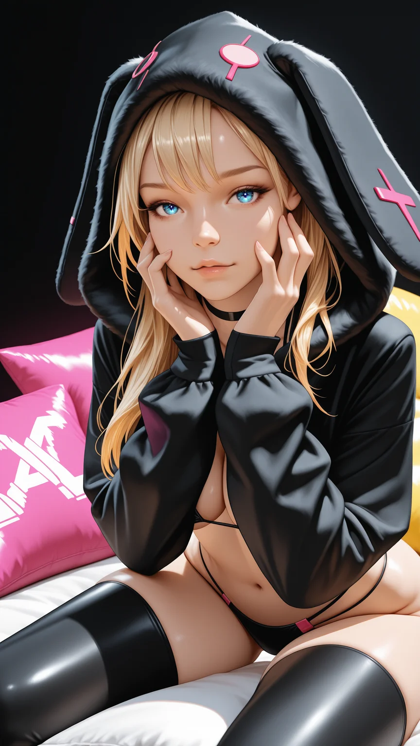 realistic, 3D, masterpiece,best quality,amazing quality,very aesthetic,absurdres,newest,detailed eyes,
A professional,high-quality portrait of a woman,
a woman, blonde, long hair, blue eyes, sitting on a pile of pillows, multicolored pastel pillows,leaning forward to viewer, hands holding face. black background, neon purple and yellow lights, abstract background..
wearing a woman wearing a (black colored:1.1) fluffbunnkinij, choker, black floppy bunnyearhood, fluffy, bikini, thigh highs <lora:fluffbunnkinij:1>