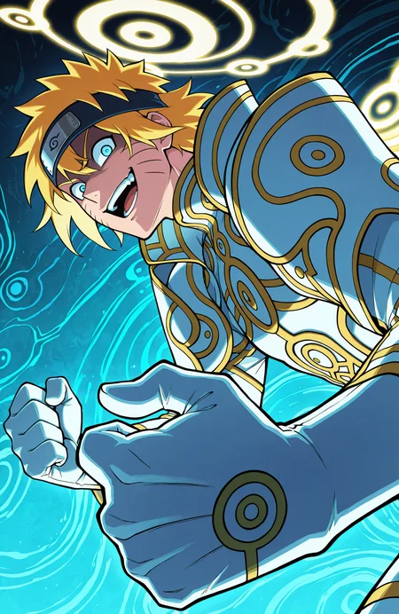 zanza_outfit, zanza_halo, 
uzumaki naruto, headband,
1boy, solo,
upper body, 
from side, foreshortening, leaning forward, head down,
looking at viewer, facing viewer,
fighting stance, dynamic pose, clenched hands,
smug, wide-eyed, bloodshot eyes, drolling, open mouth, evil smile, shaded face,
anime style, detailed, gold trim,
<lora:[Char - IL] Xenoblade - Zanza [+Clothes] (R1E14):1>
BREAK
abstract background, geometric background, blue theme,