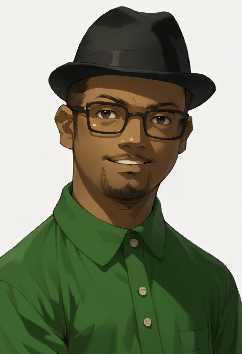 score_9, score_8_up, score_7_up, source_anime, 1boy, solo, confidant, smile
<lora:zs_SMTIVPortraitsXL_2:1> smtivportraits, portraits, white background
<lora:BigSmoke_XLPD:1> BigSmoke, black eyes, dark-skinned male, facial hair, glasses, black headwear, green shirt