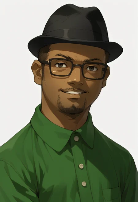 score_9, score_8_up, score_7_up, source_anime, 1boy, solo, confidant, smile
<lora:zs_SMTIVPortraitsXL_2:1> smtivportraits, portraits, white background
<lora:BigSmoke_XLPD:1> BigSmoke, black eyes, dark-skinned male, facial hair, glasses, black headwear, green shirt