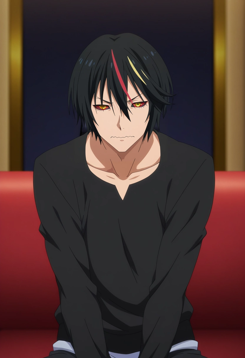 masterpiece, best quality, , anime screencap, anime coloring, official style, looking at viewer, 1boy, solo, male focus, <lora:diablo_tensura_ilxl:0.94>, diablo_tensura, black hair, yellow eyes, multicolored hair, streaked hair, red hair, hair between eyes, colored sclera, , focused, living room, couch, dark, victory pose, wavy mouth, closed mouth, easter costume