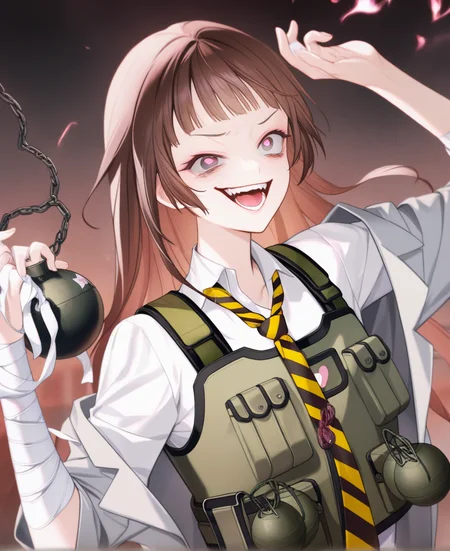 artist:gomzi,artist:wanke,artist:diyokama, rei_(sanbonzakura),[[artist:fuzichoco]],year 2023, 
solo, 
wicked \(caligula\), brown eyes, heart-shaped pupils, pink pupils, brown hair, long hair, striped necktie, yellow necktie, black necktie, green vest, bulletproof vest, white shirt, grey blazer, torn clothes, bandaged arm,
crazy smile, bomb, grenade,
upper body, park
