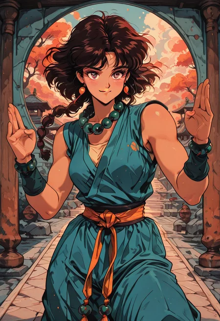 masterpiece, best quality, good quality, very aesthetic, absurdres, newest, pinkretroanime, retro art, in the style of cksc, JeddtlIL, dynamic angle, fighting stance, 1girl, detailed eyes, solo, monk, athletic, spiritual warrior, sleeveless gi, happy smile, prayer beads, serene training grounds, warm color palette
