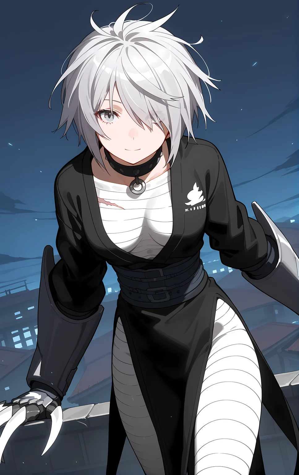 (score_9, score_8_up, score_7_up), standing, leaning forward, looking at viewer, light smile, closed mouth, shiny skin, tight clothes,
ohwx, 1girl, solo, solo_focus, breasts, medium_breasts, hair_over_one_eye, short_hair, white_hair, grey_hair, grey_eyes,
bandages, claw_\(weapon\), claws, torn_clothes, japanese_clothes, choker, sarashi, belt, scar, sash, boots, gauntlets, spikes, long_sleeves,
rooftop, post-apocalypse, dusk,
cowboy shot, dutch angle, close-up,
<lora:haihane_pony_ss:1>