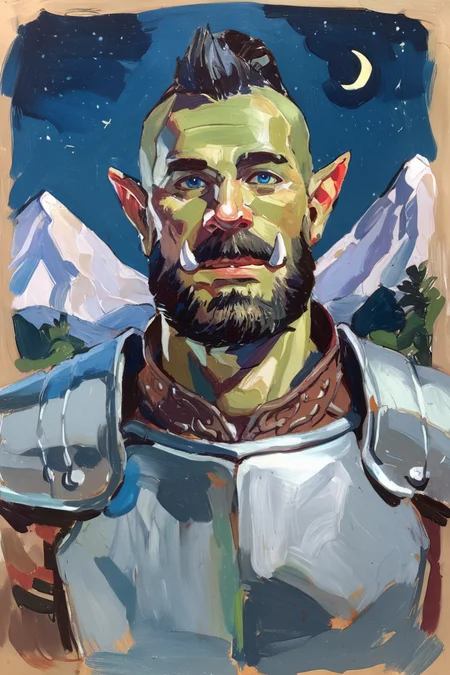 score_9, score_8_up, score_7_up, score_6_up, score_5_up, score_4_up, abstractionism, brush stroke, traditional media, 1boy, solo, male focus, mature male, orc, colored skin, green skin, tusks, blue eyes, medium hair, black hair, hair slicked back, ponytail, facial hair, beard, mustache, looking at viewer, full armor, shoulder armor, breastplate, pauldrons, upper body, closed mouth, standing, outdoors, mountain, night, night sky, dark background <lora:Abstract Painting - Style [LoRA] - Pony V6 XL:0.8>