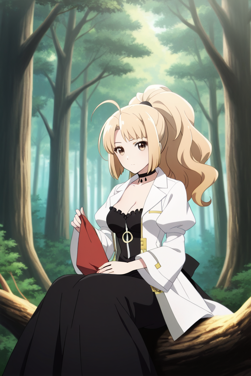<lora:lorraine_vivie_NFB_illus:1>Japanese girl, lorraine vivie, before story, 1girl, solo, long hair, blonde hair, holding, brown eyes, sitting, ponytail, ahoge, outdoors, choker, tree, nature, forest, black frill dress, white jacket, looking at viewer, sitting on the dead tree, <lora:Add_more_details_pony:0.8>
