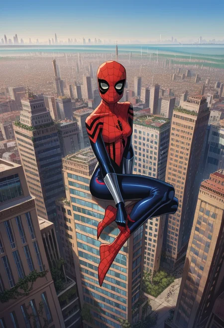 score_8, score_8_up, score_7_up, 1girl, female focus, solo, source_cartoon, spectacular spider-man, Mayday_MC2, SGMC2, mask, bodysuit, print body suit, spider web print, bracers, gloves, superhero, looking at viewer, full body, midair, Spider Web, silk, \M/, city, cityscape, outdoors,