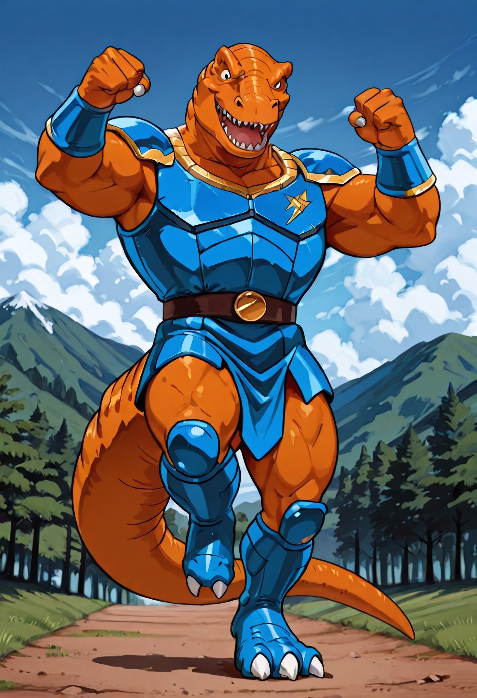 score_9, score_8 up, score_7, 8K, In'ei, traditional animation cel, perfect depth of field shot, beautiful, sharp focus, crisp details, 90s animation, masterclass animation, photographic realism, source_anime, orange tyrannosaurus rex-anthro wearing blue roman armor, roman centurion armor, gladiator armor, blue chest armor, blue stomach armor
orange tyrannosaus-rex anthro, dinosaucers, extreme dinosaurs, muscular, dinosaur, trex, blue lorica musculata, blue Pteruges, blue roman armor skirt, blue greaves, blue bracers, gold trim on armor, perfect proportions, long tail, orange skin, orange scales, 
exterior, detailed anime sky with clouds, dynamic action, bent leg, nature, in the style of the cartoon Dinosaucers, 80s cartoon, punch, black linework with flat anime color, heroic pose, smiling