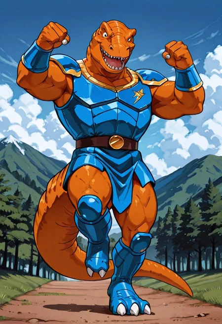 score_9, score_8 up, score_7, 8K, In'ei, traditional animation cel, perfect depth of field shot, beautiful, sharp focus, crisp details, 90s animation, masterclass animation, photographic realism, source_anime, orange tyrannosaurus rex-anthro wearing blue roman armor, roman centurion armor, gladiator armor, blue chest armor, blue stomach armor
orange tyrannosaus-rex anthro, dinosaucers, extreme dinosaurs, muscular, dinosaur, trex, blue lorica musculata, blue Pteruges, blue roman armor skirt, blue greaves, blue bracers, gold trim on armor, perfect proportions, long tail, orange skin, orange scales, 
exterior, detailed anime sky with clouds, dynamic action, bent leg, nature, in the style of the cartoon Dinosaucers, 80s cartoon, punch, black linework with flat anime color, heroic pose, smiling