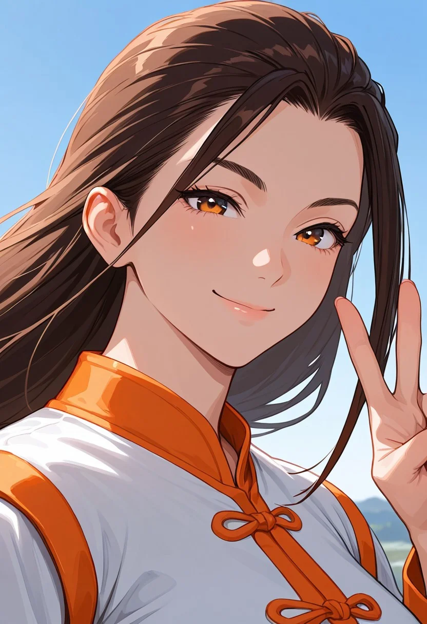 Masterpiece, best quality , high quality,Masterpiece, best quality,outdoor, sky , high quality, crane67, solo, long ponytail hair, brown hair, low-tied long hair,fighting stance, long ponytail hair, 1girl, white pants, white and orange chinese clothes, (portrait, v, smile, face:1.5)