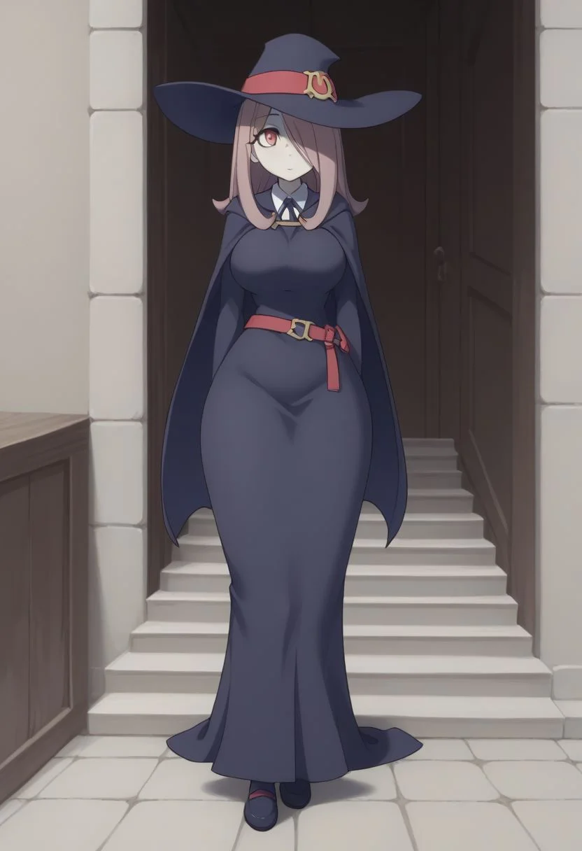 score_9, score_8_up, source_anime, highly detailed, 1girl, solo,
sucy, 1girl, hat, solo, witch hat, pale skin, red eyes, hair over one eye, long hair, witch, luna nova school uniform, full body, school uniform, belt, pink hair, cape, long skirt, very long skirt,
indoor, small waist, wide hips, thick thighs, bubble butt, huge breasts
