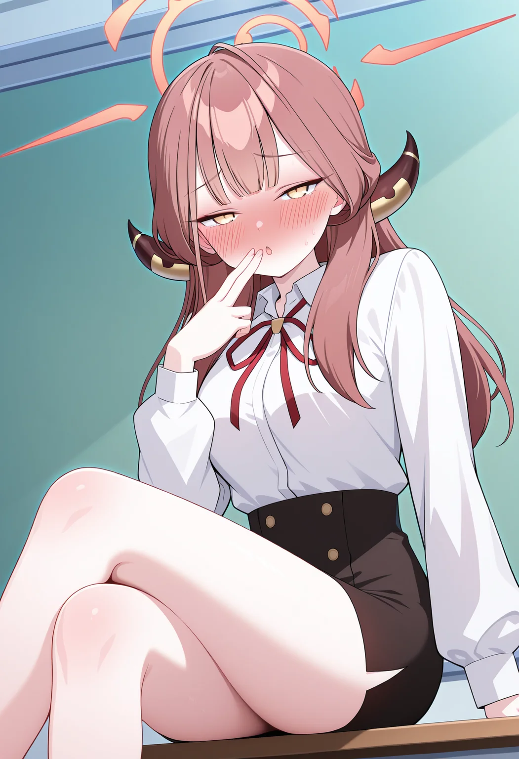 masterpiece, best quality, high resolution, source_anime, highly detailed illustration, detailed eyes,
very aesthetic, absurdres, newest, amazing quality, anime screencap,
1girl, solo, aru \(blue archive\), official art, school, sitting, on desk, crossed legs, head back,
<lora:shiSeduciveFingerV1ill:1.0> shisedupose, fingers to lips,
looking at viewer, blush, open mouth, half-closed eyes, shy, wavy mouse, full-face blush,
