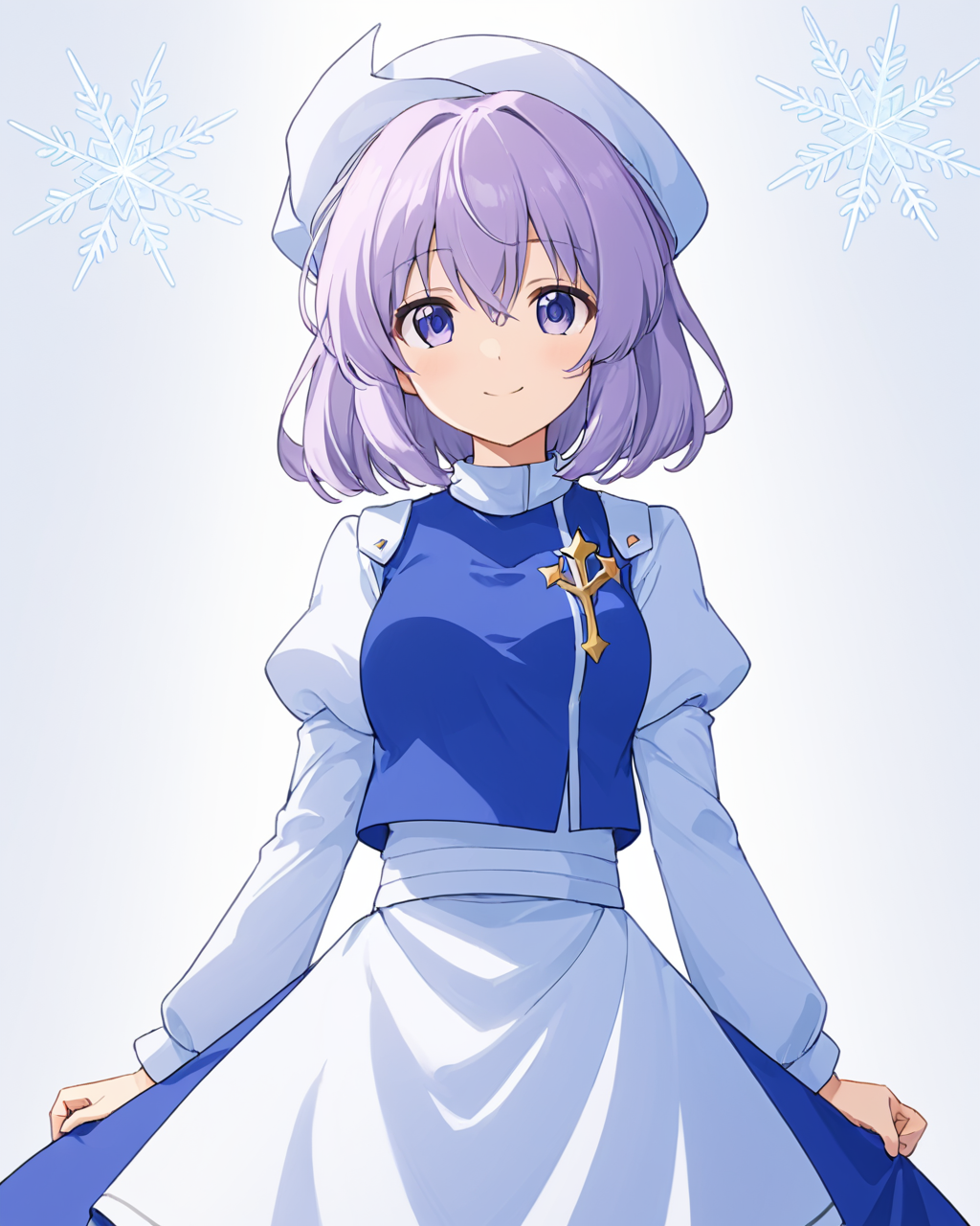 letty whiterock,1girl, solo, hat, looking_at_viewer, smile, blue_vest, snowflakes, waist_apron, white_headwear, closed_mouth, juliet_sleeves, white_background, blue_skirt, simple_background, shirt, skirt_set
<lora:letty_whiterock_image2226_2023-12-17-000010:1>,star-shaped_pupils,symbol-shaped_pupils,. gorgeous,key visual, vibrant, studio anime,award-winning, professional, highly detailed,high budget, cinemascope