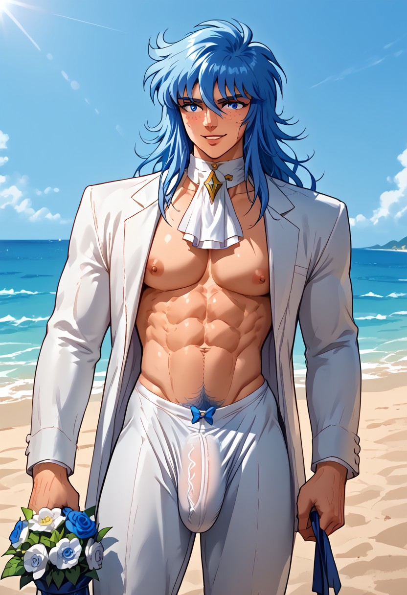 score_9, score_8_up, score_8, score_9, masterpiece, ultra high quality, hd render, male focus, 1boy, solo,  young man, solo, JulianSolo, blue hair, very long wavy hair, blue eyes, bangs, hair between eyes, light skin, young man, parted lips, sexy smile, hair between eyes, handsome boy, narrow features, standing,  chiseled face, freckles, twink, large pectorals, lean body, wide shoulders, slim waist, tiny waist, white suit, ascot, flowers, holding bouquet, formal suit, unbutonned shirt, open shirt, abs, pubic hair, v-line, unbutonned pants, visible underwear, bulge, sagging pants, lace underwear, hips visible above pants, sexy underwear, very low waistline, massive bulge, base of penis visible, bubble butt, muscular, massive pectorals, wide shoulders, tiny waist, narrow waist, formal party scenery, luxury party, relaxed and carefree vibe, outdoors, ocean waves, beach, sunlight, high quality, hd render, retro artstyle, 1990s_(style), 1980s_(style),