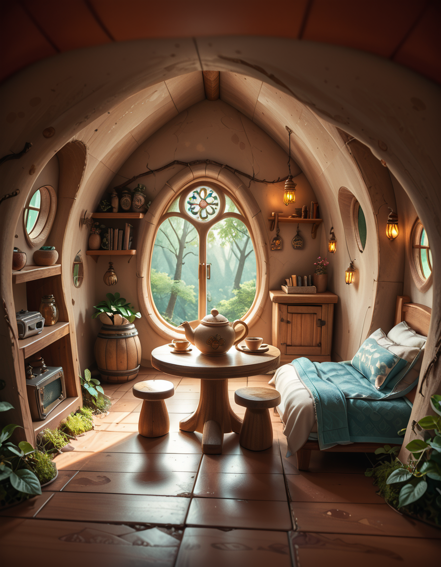 score_9, score_8_up, score_7_up,amazing quality, ultra realistic, 3D, HD, best quality, amazing quality, very aesthetic, absurdres
A highly detailed, realistic photograph of a tiny gnome house nestled at the base of an ancient oak tree, taken in soft morning light with a gentle mist hanging in the air. The house is crafted from natural materials: smooth stones form the lower walls, and curved wooden planks create a round, thatched roof with patches of moss and small wildflowers growing on top. Tiny circular windows with stained glass panels glow faintly from within, casting warm amber and green hues. A miniature wooden door with intricate carvings sits slightly ajar, surrounded by tiny lanterns that hang from delicate hooks, each softly glowing. Around the house, the forest floor is covered in dew-kissed clover, mushrooms of varying sizes and colors, and winding little cobblestone paths. In the background, tall ferns and oversized leaves tower, giving the scene an enchanted, hidden feel. Subtle rays of sunlight break through the canopy above, highlighting fine details with a dreamy, ethereal atmosphere. Hyper-realistic style, high-resolution, rich earthy tones, with an overall cozy and magical woodland vibe. No creatures or people, only nature and the charming architecture of the gnome's home.
<lora:SDXLFaeTastic2400:0.4> <lora:extremely_detailed:0.4> extremely detailed,tiny gnome h0us3 <lora:tiny_gnome_h0us3-p:1>