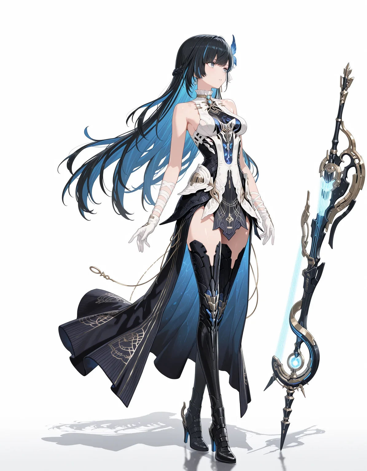 masterpiece,best quality,amazing quality,very aesthetic,high resolution,ultra detailed,perfect details,<lora:my-lora:1>,mai_style,
1girl,bandaged_arm,bandages,bare_shoulders,black_dress,black_hair,blue_eyes,blue_hair,boots,colored_inner_hair,gloves,high_heels,jewelry,long_hair,multicolored_hair,solo,streaked_hair,very_long_hair,white_dress,white_gloves,
<lora:mai_pgr_selena_xs:0.7>,mai_pgr_selena_xs,standing,simple background,white background,full body,looking to the side,