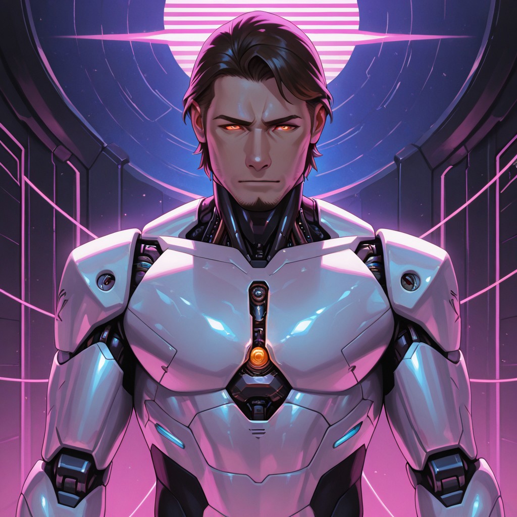 masterpiece, best quality, amazing quality, absurdres, newest, detailed background, definition so sharp, Ultra-HD, 8K cinematic, very awa, impressionate, amazing quality, highres, 
solo, male focus, manly, shadow, shiny skin,
shimonmakusu, shimon_brunette, shimon_orange eyes, 1boy, short hair, stubble, goatee, mature male, cybernetic, robot_arm, glowing_eyes, futuristic_clothing, enforcer, android, precision, cold_logic, mechanical_parts, integrated_tech, dystopian, synthwave, sharp_lines, augmented
