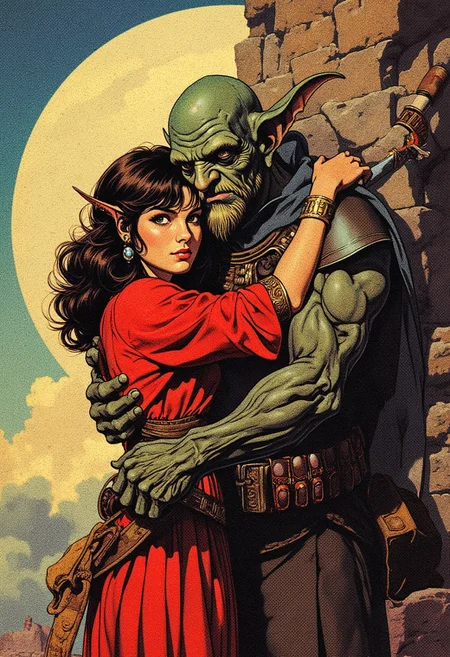 Frank Frazetta fantasy oil painting with 90s retro futuristic anime elements without noise or comic halftone effect. A alluring female character hug goblin-like creature. medieval fantasy atmosphere.