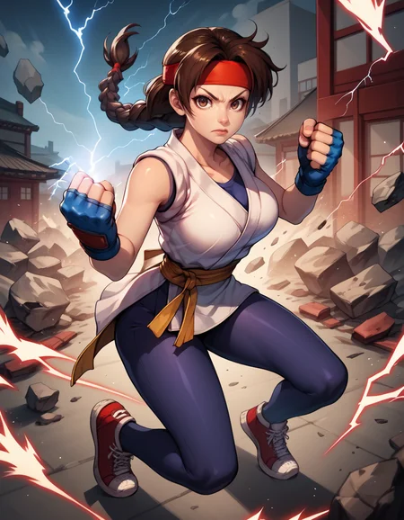 score_9, score_8_up, score_7_up,score_6_up, score_5_up, score_4_up , 1girl, solo,
large breasts,
ysakazaki,
brown hair, brown eyes,
dougi, sneakers, spandex, headband, fingerless gloves, single braid,
looking at viewer,
fighting stance, punch,
from above,
clenched hand, magic, lightning,
city, debris,
<lora:Ysakazaki KOF v01-000003:0.90>