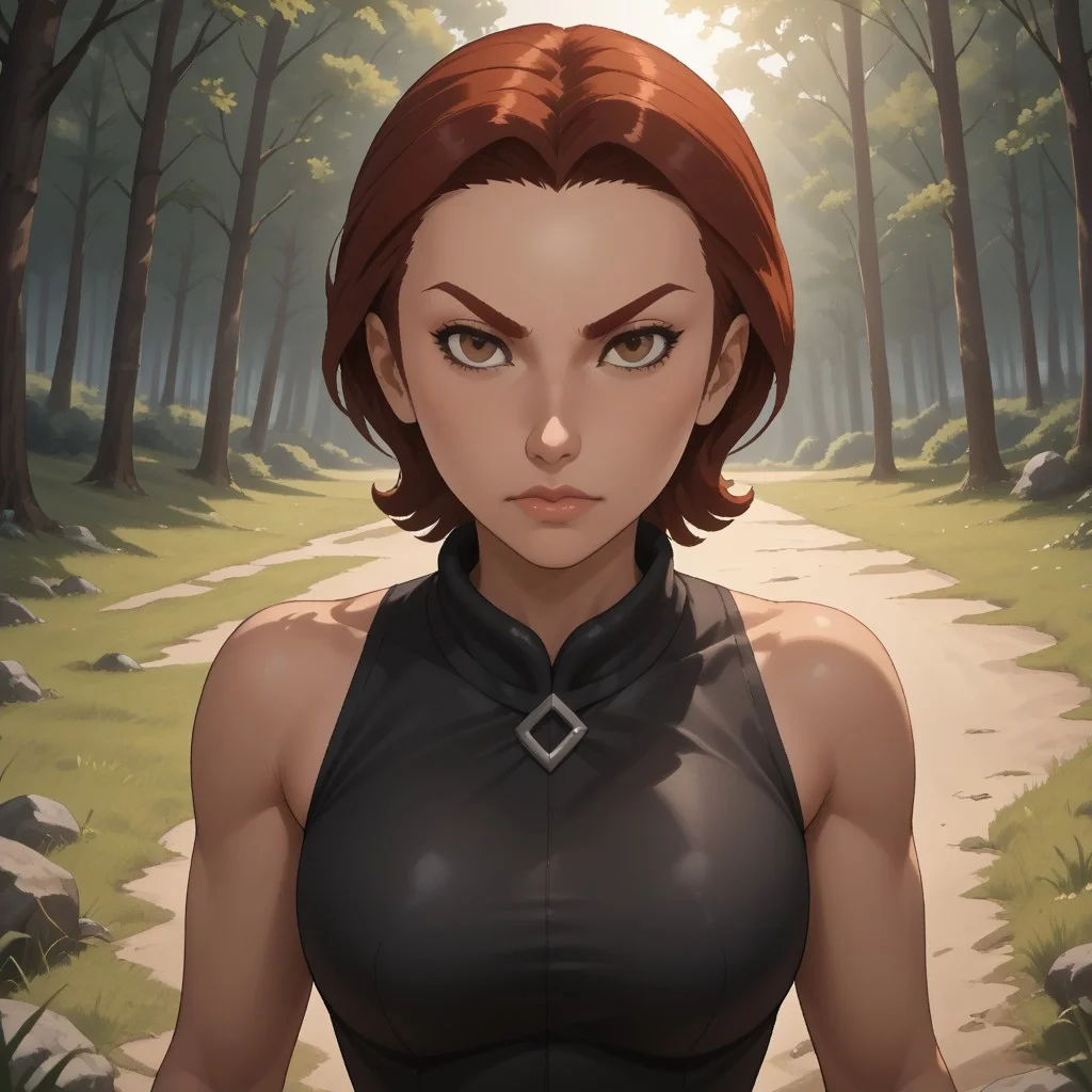 score_9, score_8, BREAK, solo, wii, mii, wii sports, female mii, 1girl, dark red hair, dark red eyebrows, brown eyes, black gi, black gi pants, sandals, nintendo mii, modern_mii, classic_mii, breasts, Shin_Elisa_(OC_Mii), demon girl, dark skin, rope belt, sleeveless gi, sexy pose, outdoors, sunlight, shadows, evening lighting, natural lighting, forest, trees, grass, orange sky, sunset