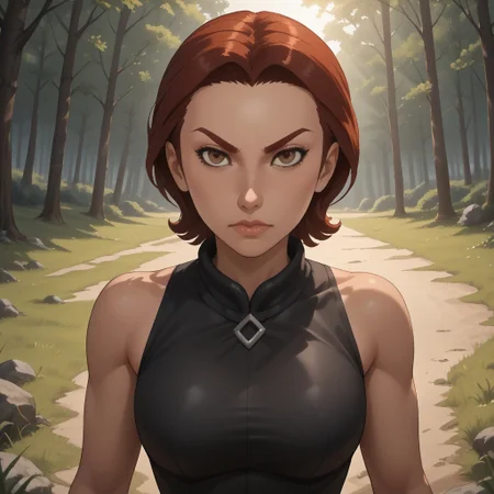 score_9, score_8, BREAK, solo, wii, mii, wii sports, female mii, 1girl, dark red hair, dark red eyebrows, brown eyes, black gi, black gi pants, sandals, nintendo mii, modern_mii, classic_mii, breasts, Shin_Elisa_(OC_Mii), demon girl, dark skin, rope belt, sleeveless gi, sexy pose, outdoors, sunlight, shadows, evening lighting, natural lighting, forest, trees, grass, orange sky, sunset