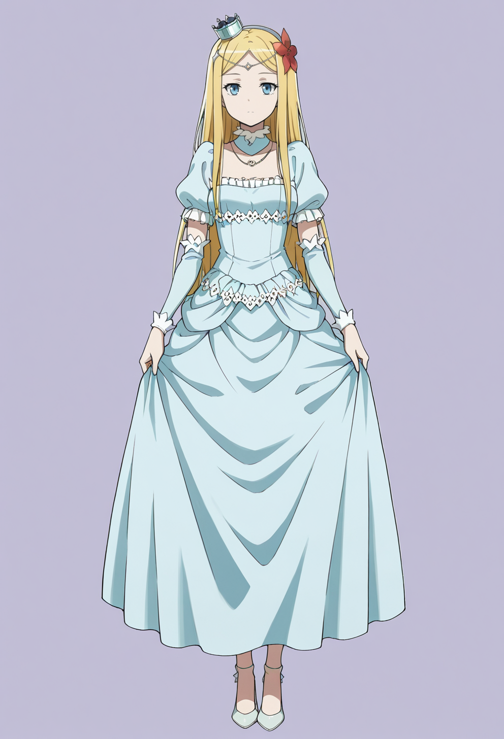 masterpiece, best quality,
1girl, solo, full body, 
standing,
looking at viewer, expressionless, 
simple background, violet background,
 <lora:Renner_Theiere_Chardelon_Ryle_Vaiself:1> r3nn3rwh1t3, long hair, blonde hair, blue eyes, hair ornament, hair flower, crown, 
dress, blue dress, high heels, detached collar, necklace, jewelry, puffy sleeves, flower,