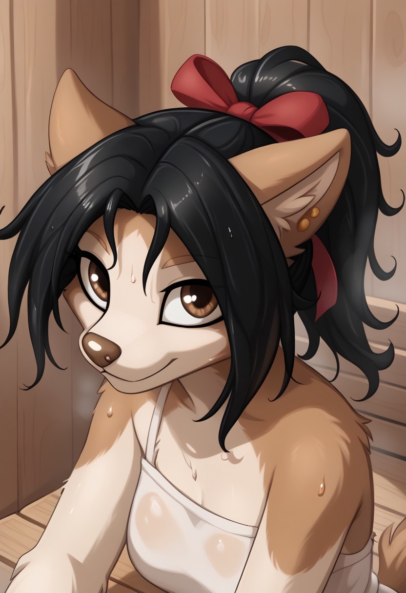 score_9, score_8_up, score_8, raw, source_pony, (8K), masterpiece, high quality, detailed, perfect quality, good quality, vector,
BREAK, 
P3pp3r,1girl,solo,furry female,dog girl,brown eyes,dog ears,earrings,animal nose,snout,long hair,black hair,ponytail,hair ribbon,dog tail,body fur,white fur,brown fur,two-tone fur, looking at viewer, (face focus, face close-up, close-up), short girl, petite, petite body, open door to sauna, steam, steaming coming out from sauna, hot sauna, sits on wooden sauna seat, sitting on towel, sweat, sweating, wet hair, happy, smile, closed mouth