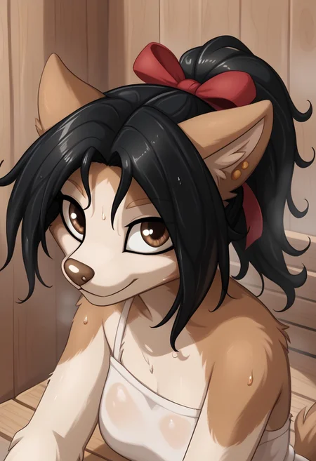 score_9, score_8_up, score_8, raw, source_pony, (8K), masterpiece, high quality, detailed, perfect quality, good quality, vector,
BREAK,
P3pp3r,1girl,solo,furry female,dog girl,brown eyes,dog ears,earrings,animal nose,snout,long hair,black hair,ponytail,hair ribbon,dog tail,body fur,white fur,brown fur,two-tone fur, looking at viewer, (face focus, face close-up, close-up), short girl, petite, petite body, open door to sauna, steam, steaming coming out from sauna, hot sauna, sits on wooden sauna seat, sitting on towel, sweat, sweating, wet hair, happy, smile, closed mouth