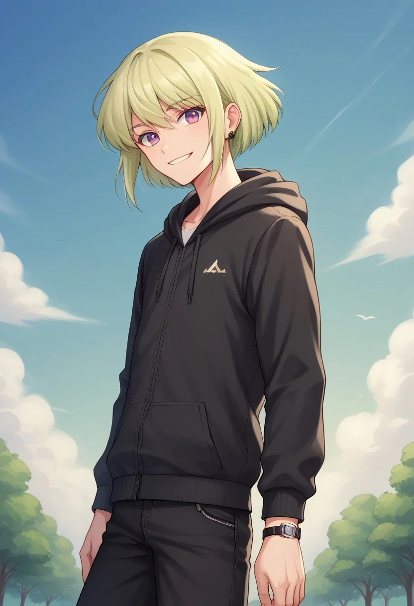 score_9, score_8_up, score_7_up, source_anime, highly detailed,
lio, 1boy, male focus, purple eyes, solo, green hair, jacket, watch, wristwatch, hood, earrings, jewelry, blonde hair, black jacket, looking at viewer, androgynous, pants, hoodie, smile,
day, blue sky, tree, clouds,