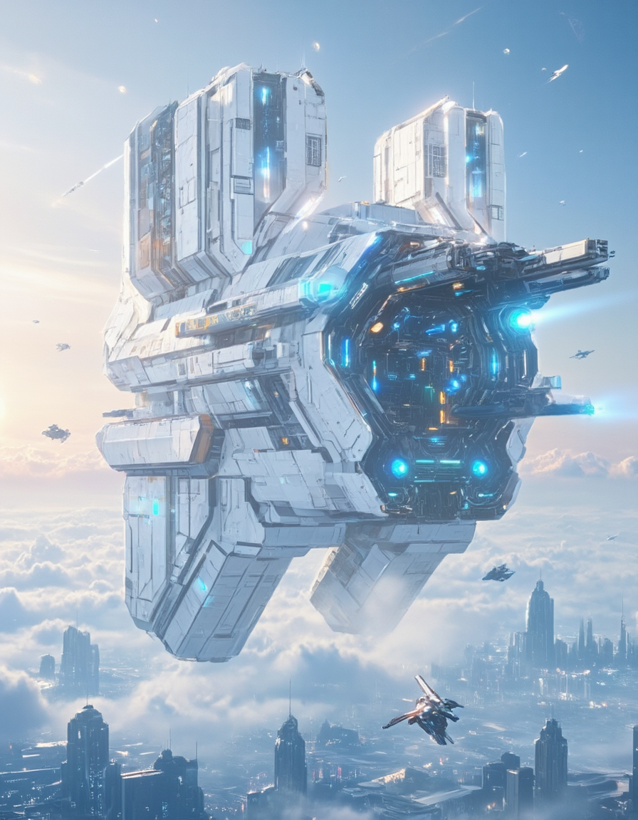 <lora:SW_Minis_3v2flux:1> A massive futuristic white mothership floating above a white cyberpunk city in the clouds, with the sun setting on the horizon. The mothership has a highly detailed and intricate design, featuring metallic structures, glowing blue lights, and various modules attached to its frame. Smaller spacecraft are seen flying around it, enhancing the scale and depth of the scene.
 swminis3all, anime, test3