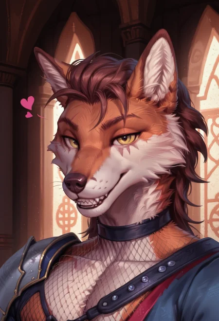 score_9, score_8_up, score_7_up, score_6_up, 1anthro, 1human, male, , furry, detailed fur, anthro, eyes, , perfect face, detailed eyes, perfect eyes, sexy, sexy boy, beautiful eyes, perfect cute face, petite body, face focus, dynamic angle, body shot, full body, looking at viewer, face focus, inside palace, detailed lighting, detailed background, upper body, portrait, eyes focus,
smug expression, floating hearts, eye focus, smug, pleased, mischievous, smirk, seductive pose, , flirty, flirting with viewer, detailed teeth, indoors, palace, Royal palace, castle,
bedroom eyes, detailed eyes, perfect eyes, beautiful eyes, , detailed fur, tail, realistic eyes, realistic fur, , solo, 1 boy, young, (((handsome, detailed face and eyes))), solo, yellow eyes, extremely detailed eyes, athletic build, skinny, muscles, toned, abs, scar across eye, bara, fishnet top, scar, scar on face, Koshiro, Koshiro_Kingsguard, armor, snout, furry, fox, fox tail, anthro, male, fishnet , shoulder pauldron, trousers, , <lora:Koshiro_-_Kingsguard:0.6>
tail, uncensored, canine mouth, sharp teeth, detailed teeth, detailed canine teeth,
<lora:CleanDetailed_Eyes:0.25> <lora:Better_caninefeline_mouth:0.2>
<lora:princess_xl_v1:1> <lora:Expressive_H:0.65> <lora:g0th1cPXL:0.45> <lora:incase-ilff-v3-4:0.3>