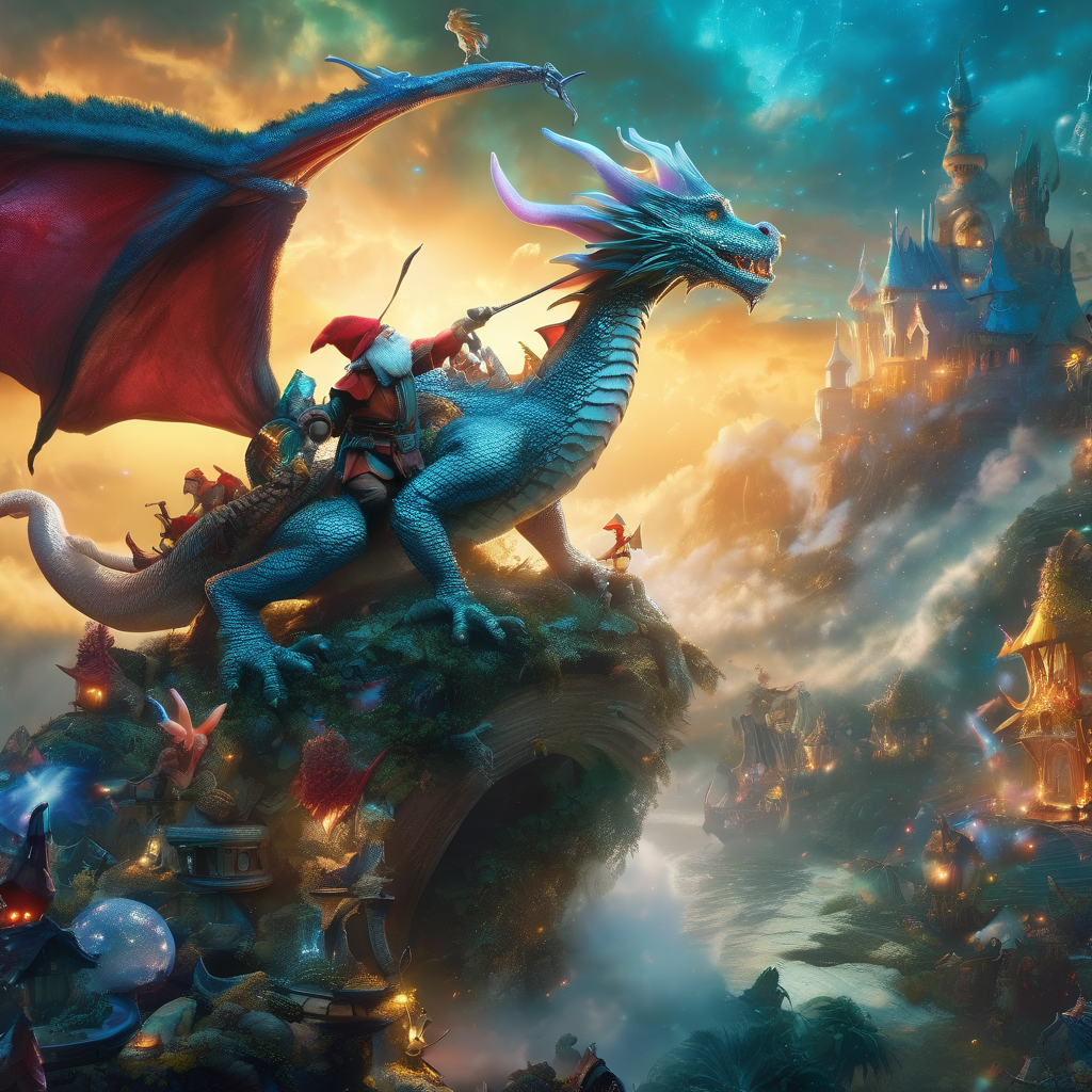 Fujifilm quality photograph (best quality)++, (masterpiece)++, (detailed)+, elf on the shelf fighting a Dragon, (fantasy illustration)1.3, enchanting Dragon battle elf on the shelf, mystical battle, (many gnomes battling)1.4 (whimsical charm).4 Otherworldly charm, mystical sky, (Luis Royo)1.2, (Yoshitaka Amano)1.1, moonlit night, soft colors, (detailed cloudscape)1.3, (high-resolution)1.2 (gnomes  battling everywhere)1.2 , <lora:DonM3t3rn1tyXL-v1.1:0.3> DonM3t3rn1tyXL <lora:DonMD1g174l4sc3nc10nXL:0.3> DonMD1g174l4sc3nc10nXL  <lora:Dragons:0.8> dragon  <lora:EnvyMagicalXL01:0.3> magical <lora:FantasyLandscape:0.8> FanLan