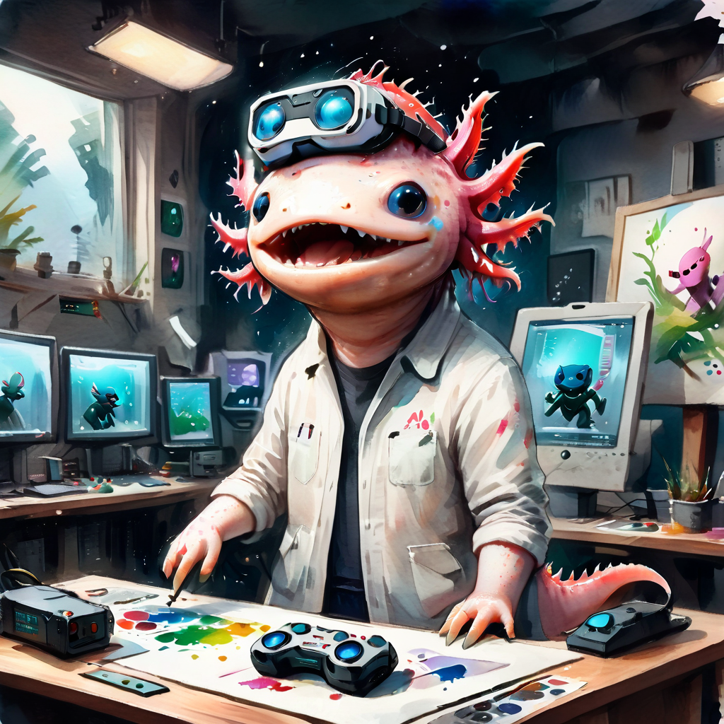 axomodelxl, axolotl dressed as a virtual reality game developer, designing a new game, in a high-tech studio, (watercolor style)