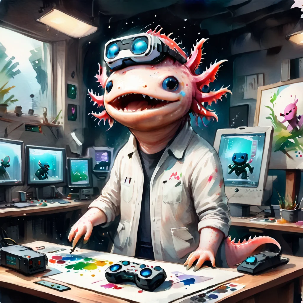 axomodelxl, axolotl dressed as a virtual reality game developer, designing a new game, in a high-tech studio, (watercolor style)