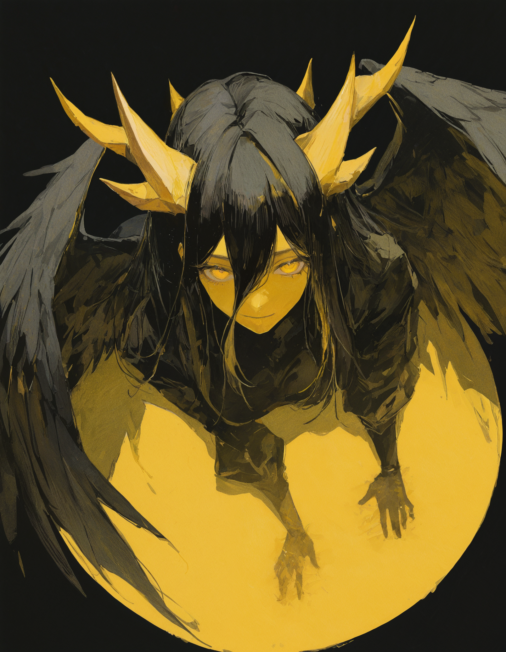 masterpiece, best quality, very aesthetic, absurdres, newest, <lora:69yottea_illu_v2:1>,69yotte4_illu,black background,   1girl,black hair, yellow eyes, yellow horns,black wings, yellow paint,traditional media, painting \(medium\), film grain, fisheye, yellow theme,