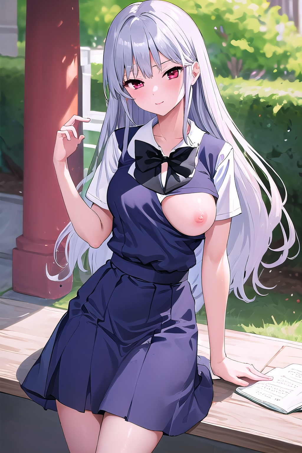 masterpiece, best quality, ultra-high-detailed,  1girl, one breast out,  kazami kazuki, silver hair, long hair, purple eyes, school uniform, black bow, nipple