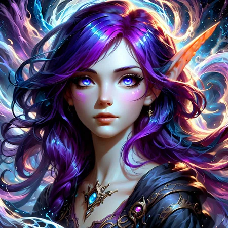 a sorceress with purple hair and blue eyes, magical, ethereal, swirls of magic