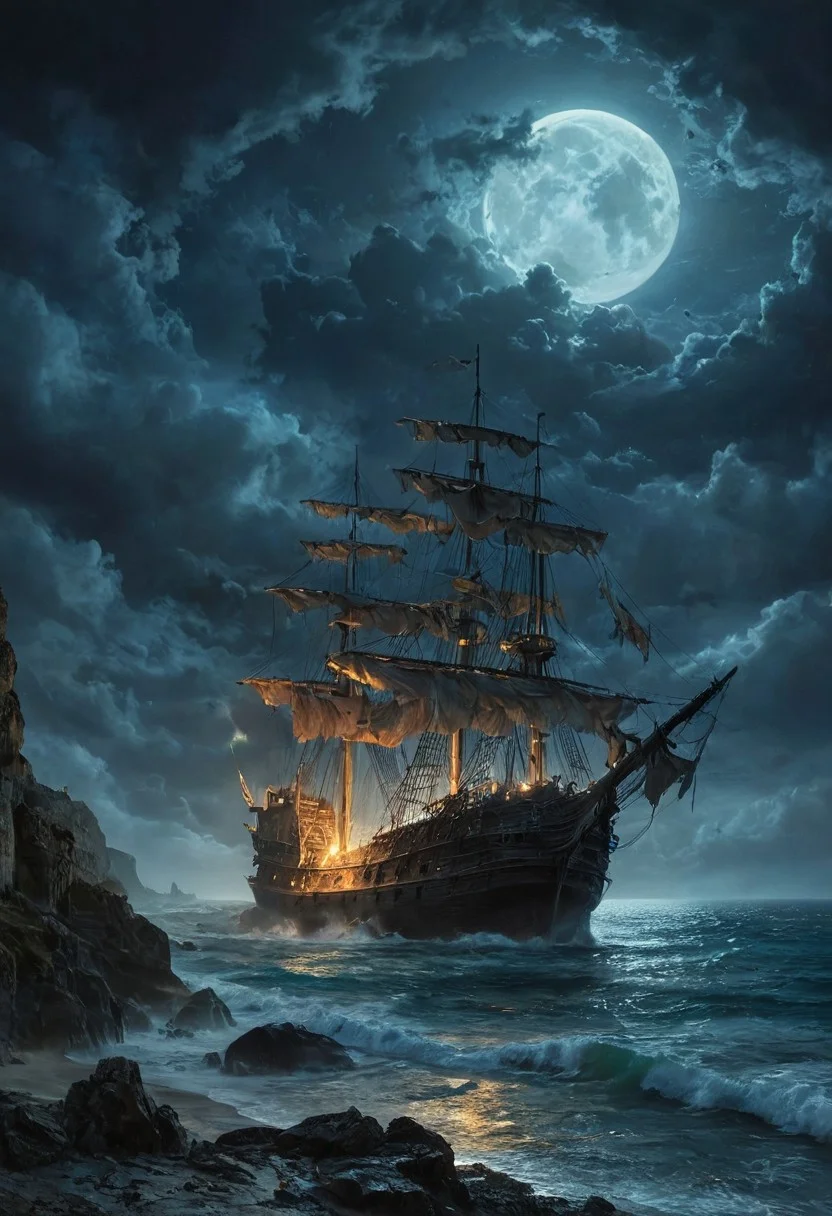 Under the eerie glow of a full moon, a dark and ominous landscape unfolds. A vibrant, (spaniard galleon:1.4) stands by the edge of a serene ocean, its vivid hues contrasting starkly with the foreboding atmosphere. In the background, a lighthouse stands atop jagged rocks, its light cutting through the darkness and reflecting off the ocean's surface, glistening in the moonlight. Thick, swirling clouds loom overhead, adding to the sense of an evil presence. The moonlight filters through the clouds, casting an otherworldly glow over the scene. A falling star streaks across the sky, adding a touch of mysticism to the night. The air is thick with a sense of ancient secrets and dark magic, as if the very night is alive with hidden power.