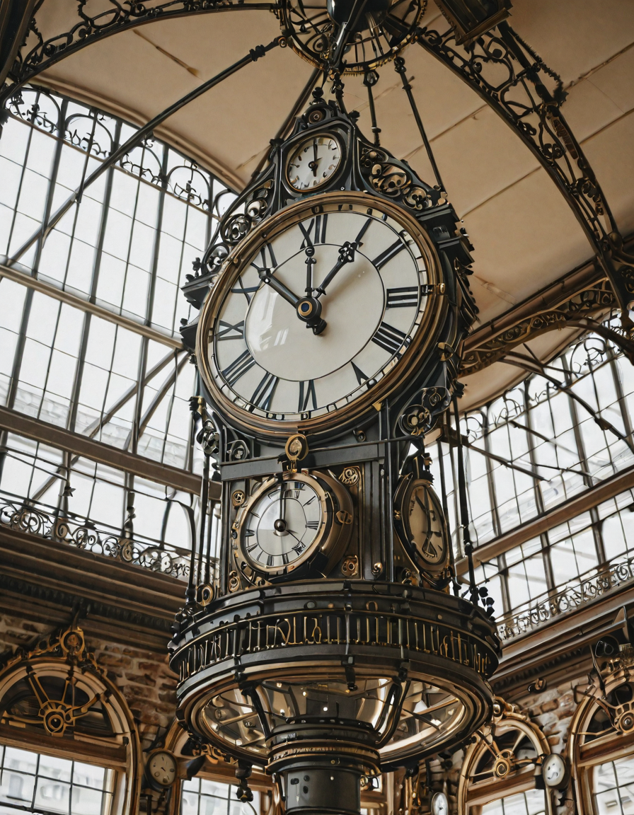 <lora:City_Worlds_02_Lost_Indusinc:1> photo, cw02lost, indoors, vintage clock, ornate, roman numerals, wrought iron, station clock, hanging, antique, glass ceiling, architecture, retro, symmetrical, timepiece, elegant, old-fashioned, historical, skylight, ceiling structure, heritage, classic design, steampunk, industrial