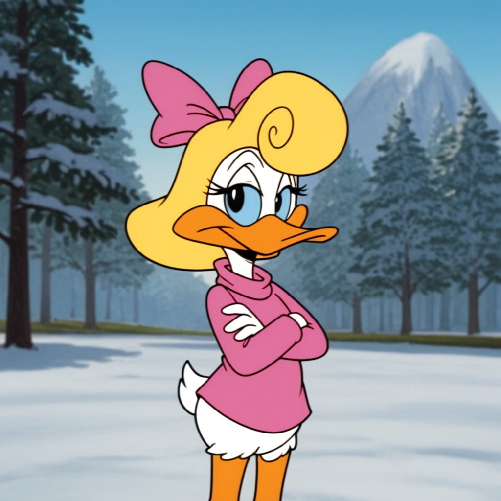 score_9, score_8_up, score_7_up, score_6_up, score_5_up, score_4_up, source_furry, Shirleytta, semi-anthro, female, duck, blonde hair, blue sclera, black eyes, white feathers, pink bow, pink shirt, standing, outside, winter, snow, crossed arms, freezing